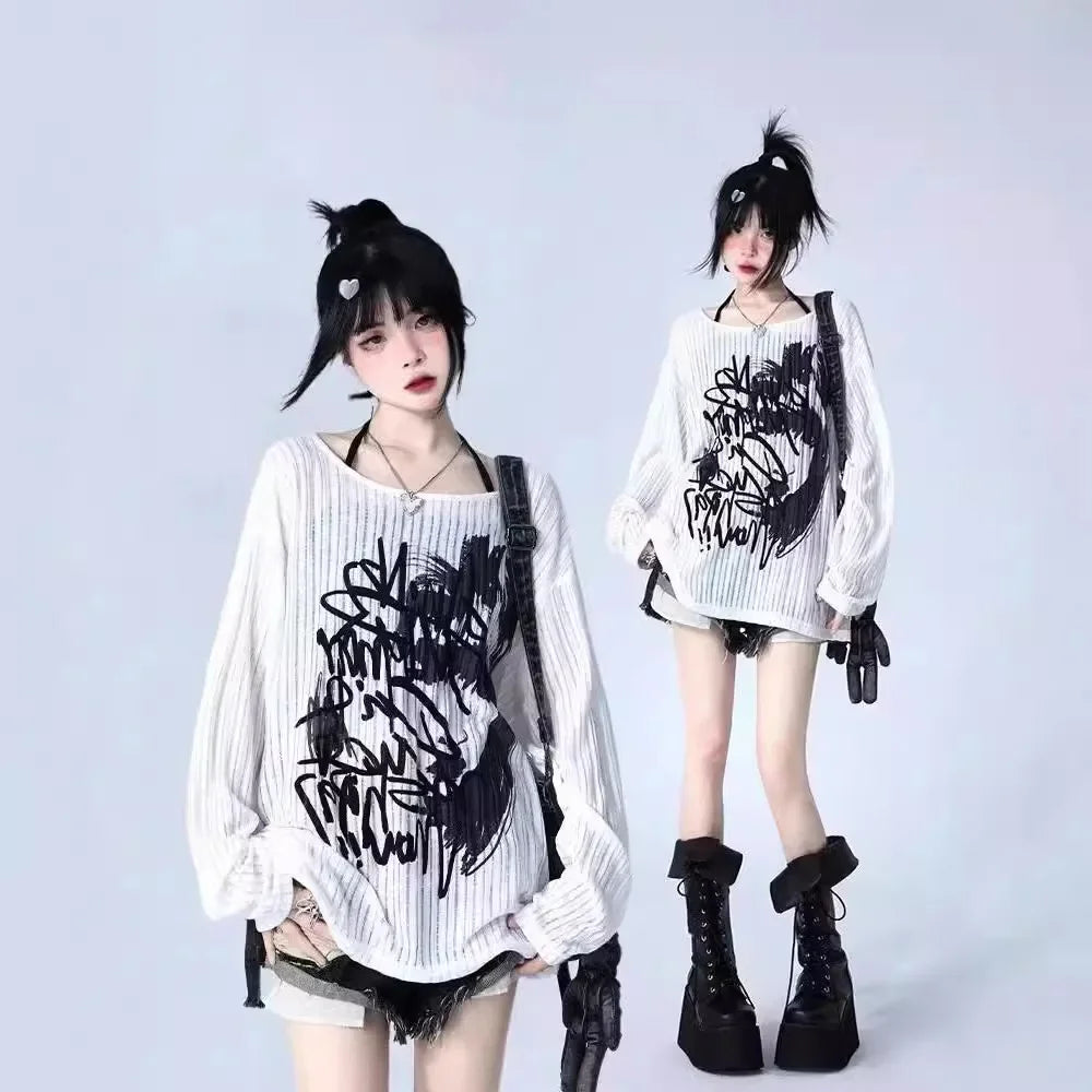 White Inner Long Sleeve T-Shirt Women's Graffiti Printing Sun Protection Cover Up Loose-Fit Knitted Top Pure Desire Top