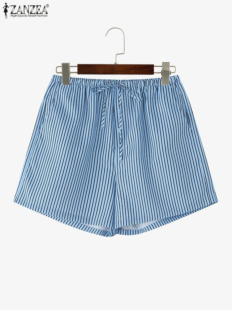 ZANZEA Woman Fashion Striped Shorts 2025 Summer Lightweight Elastic Waist Lace-Up Short Trousers Casual Loose Day Wear Bottoms