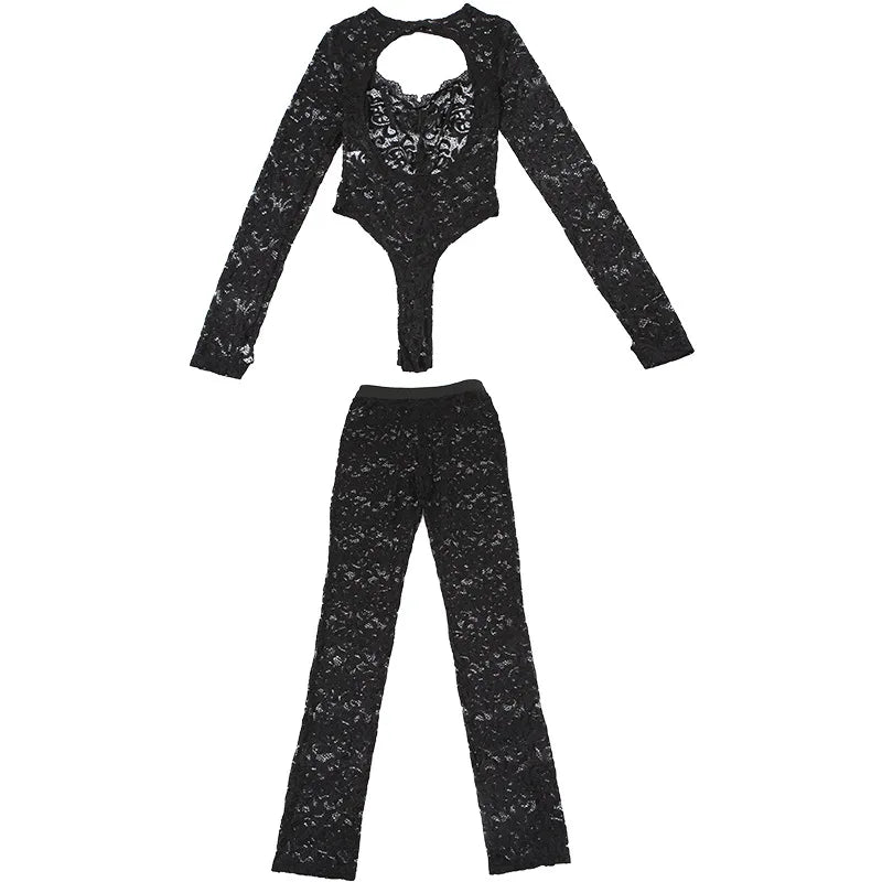 Lace See Through 2 Piece Set Women 2024 Autumn Sexy Hollow Jacquard Backless Bodysuit Leggings Party Clubwear Skinny Outfits