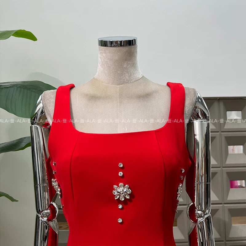 High-end Light Luxury Party Dress 2025 Summer Clothes New Heavy Industry Diamond Square Collar Waist Halter Bow Short Dress