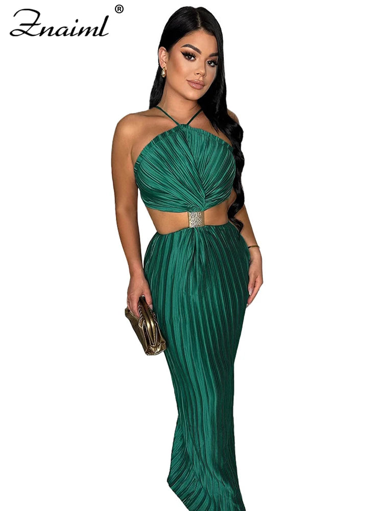 Znaiml Sexy Women Green Prom Gowns Off The Shoulder Long Maxi Dresses Satin Halter Pleated Backless Formal Evening Gown Vestidos