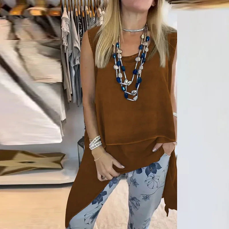 Casual Summer O-neck Multi-color Commuting Blouses Elegant High Street Loose Tees Simple Solid Color Hollow Sleeveless Vest Top