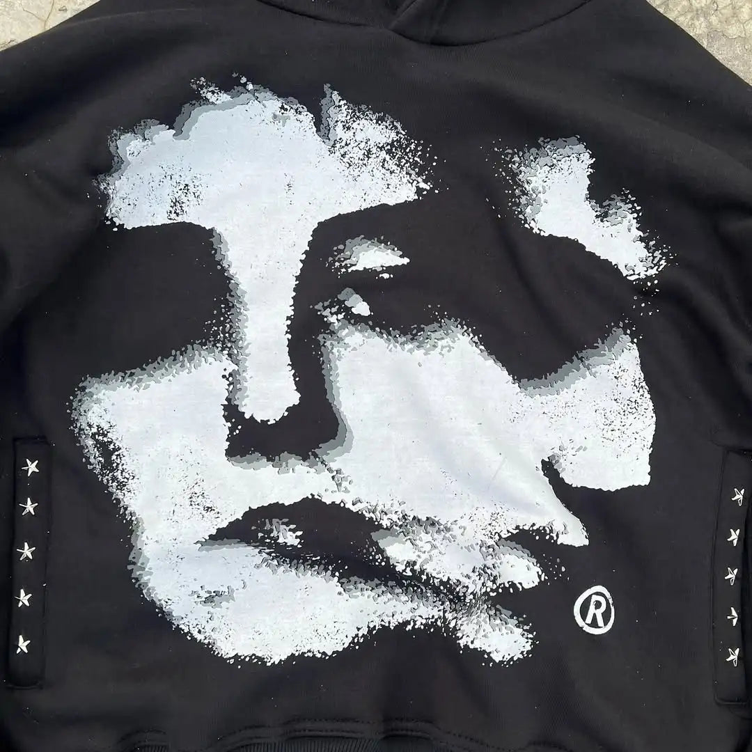 Retro Harajuku Black White Pixel Old Painting Style Faithful Figure Avatar Print Gothic Pattern Y2K Hoodie Men Loose Sports Top