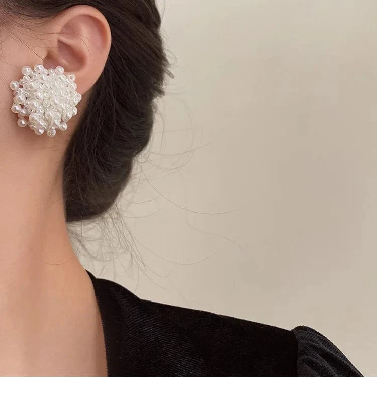 Exquisite Pearl Braided Flower Earrings for Women French Exaggerated Round Brincos Wedding Party Jewelry