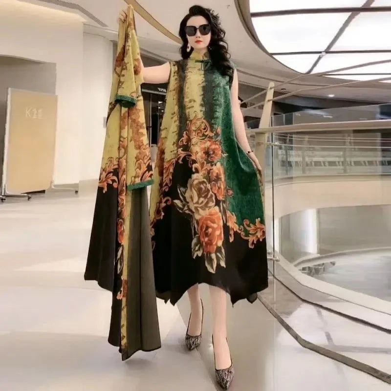 Middle Aged Mother Dress Suit Summer Casual Fashion Printing Two Piece Suits Long Dress Suits Women Temperament Dress Sets 729