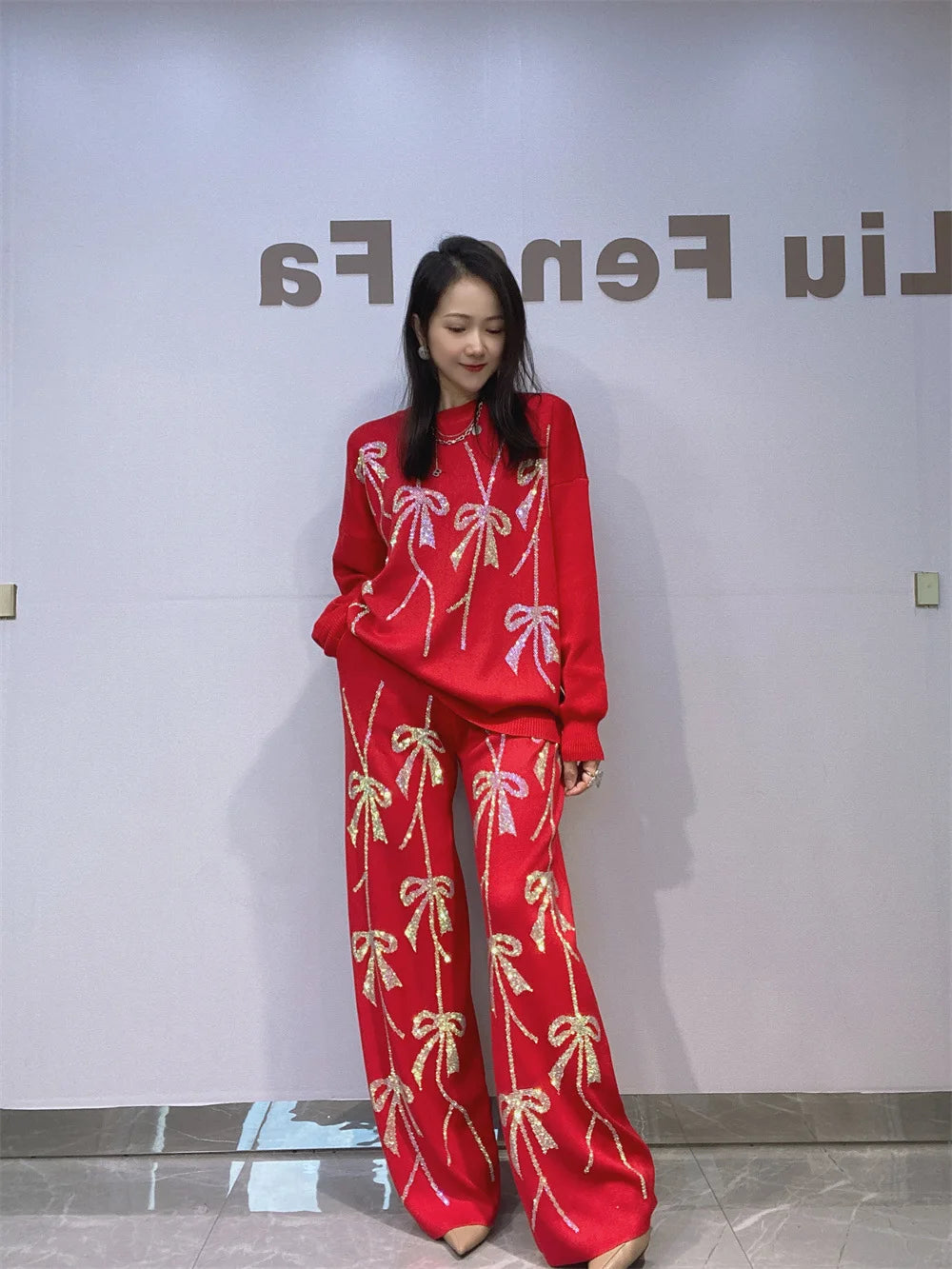 2025 Autumn New Fashion Rhinestone Knitted Two-Piece Set Loose Women's Top Casual Wide-Leg Pants Ladies Long Pants Suit