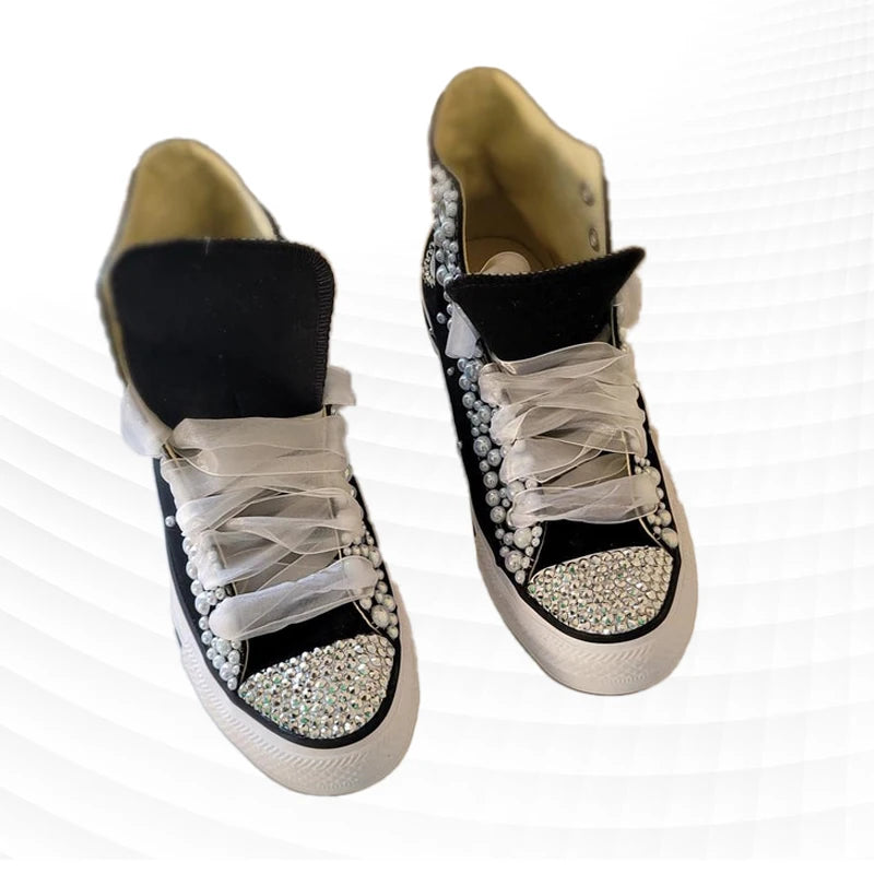 Pearl Rhinestone High Top Lace Up Sneakers for Women