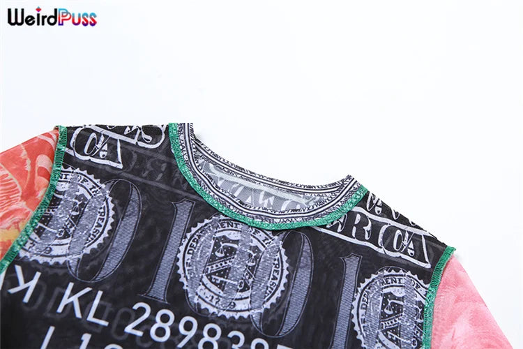 Weird Puss See Through Crop Tops Women Numeral Print Short Sleeve O-Neck Sexy Club Patchwork Streetwear Skinny Hot Girls Tees