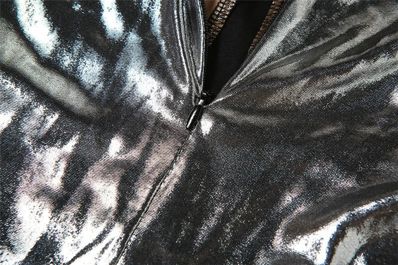 Metallic Striped Patchwork Mesh See Through Nightclub Jumpsuit Women Long Sleeve Skinny Party Birthday Outfit One Pieces Romper