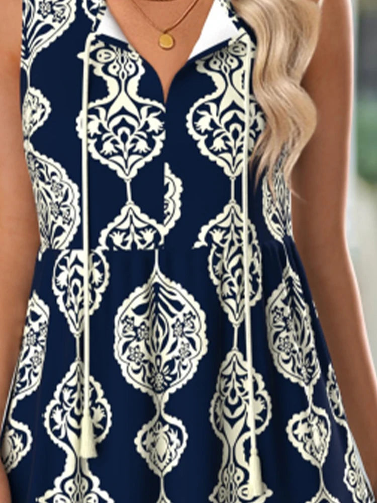 Women's lace-up V-neck geometric print dress, sleeveless design fresh and breathable, suitable for summer