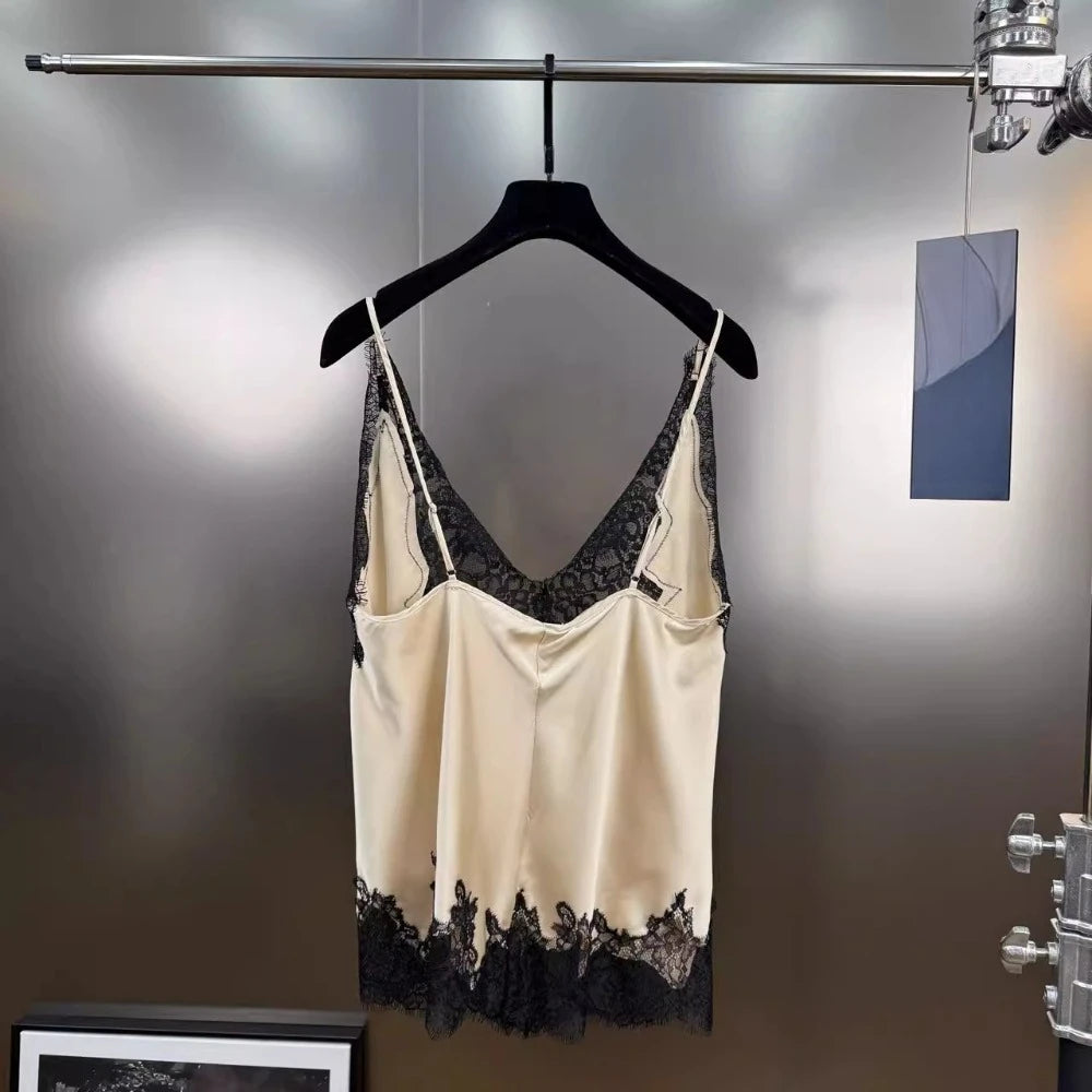 VGH Sexy Loose Patchowrk Lace Vest for Women V Neck Sleeveless Backless Temperament Home Style Tank Top Female Summer Clothing