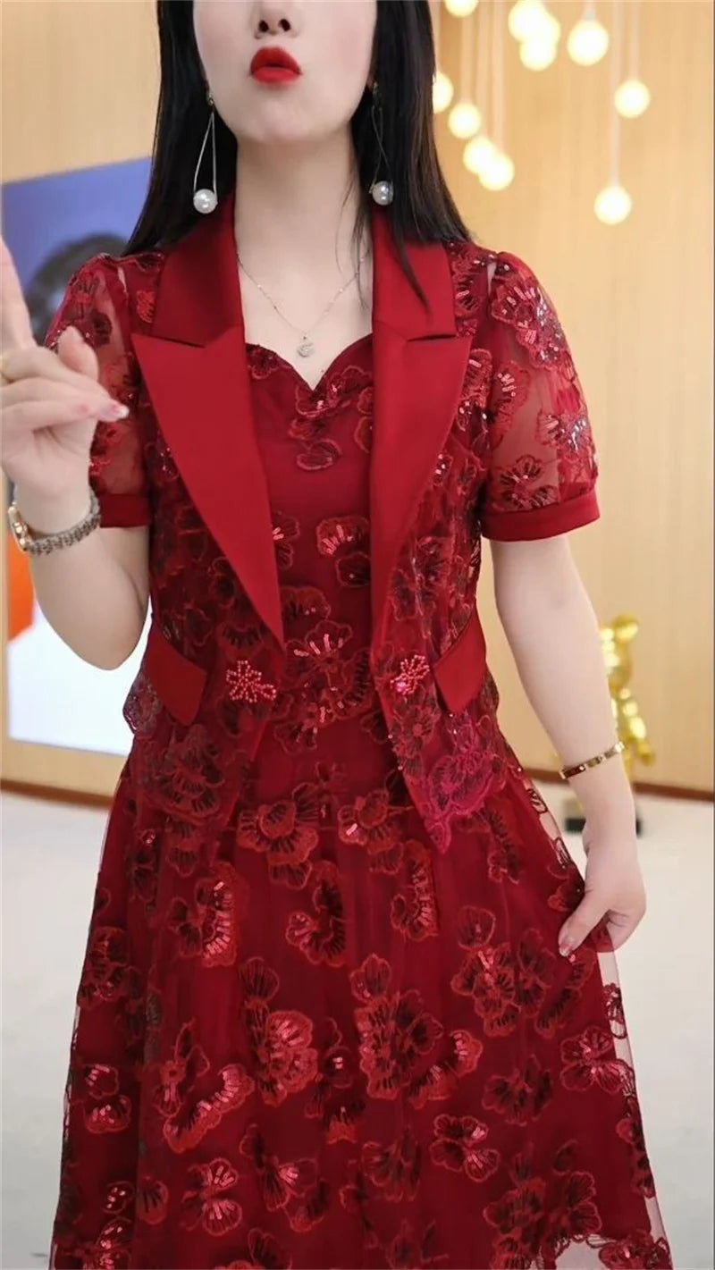 Lace Dress Women's High end Luxury Lady Two Piece Sets Silk Dress Suit Jacket And Dress 2023 Summer Waist Slim Long A-line Dress