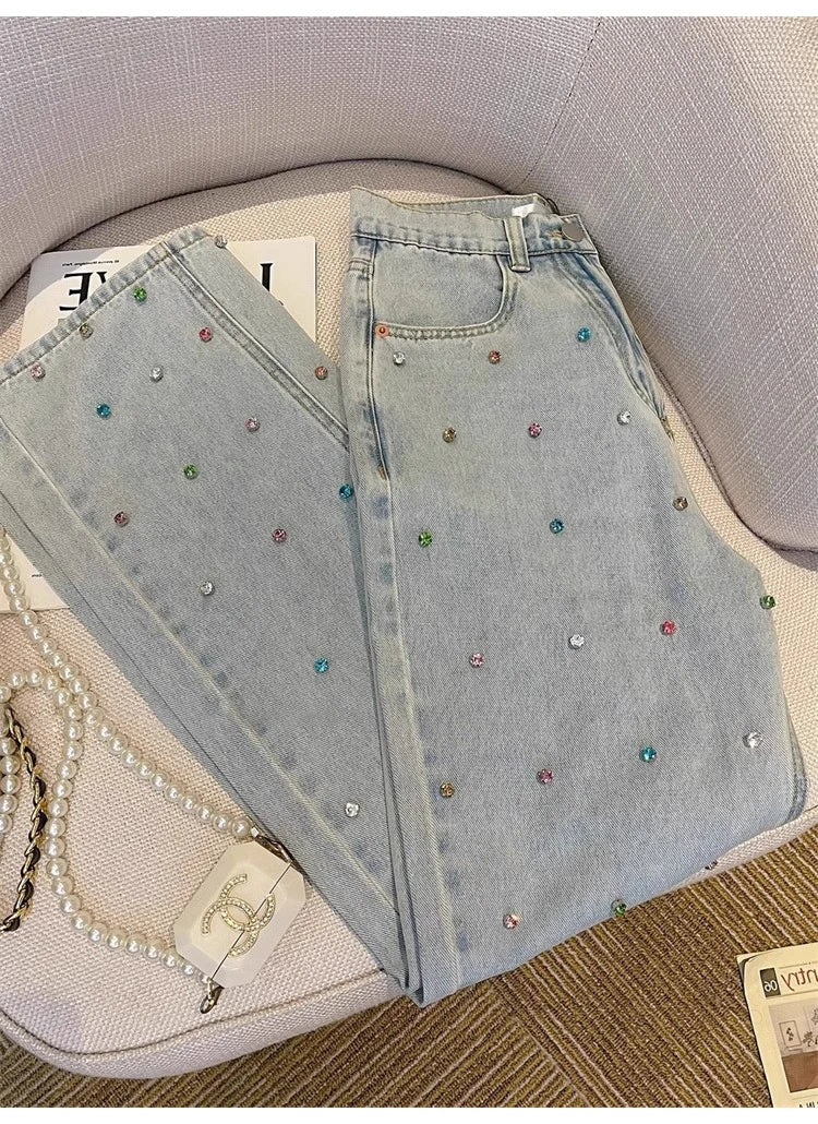 Women Diamonds Denim Pant Korean Fashion High Street Straight Ankle-Length Jeans Spring Autumn All-Match Office Lady Long Pants