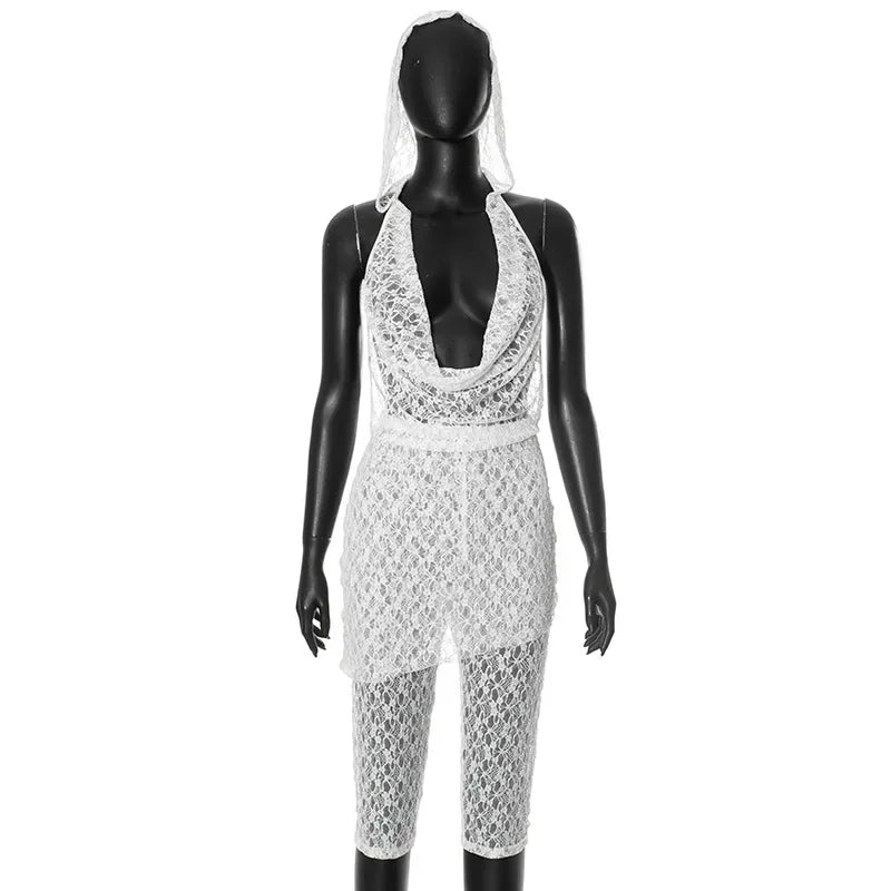 Elegant Lace See Through 2 Piece Set Woman Hooded Halter Swing Collar Large Backless Tops Skirt & Pants Suit Party 2025 Summer