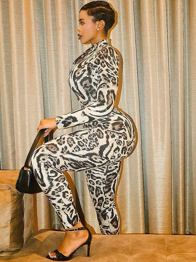 Leopard Print Turtleneck Slim Fit Jumpsuit for Women