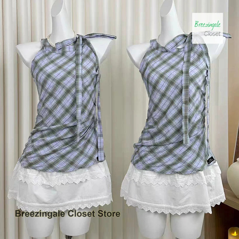 Korean Plaid Lace Plaid Hanging Neck Fake Two-Piece Shirt Women's Summer New Stacked Sleeveless Shirt Design Sense Small Top