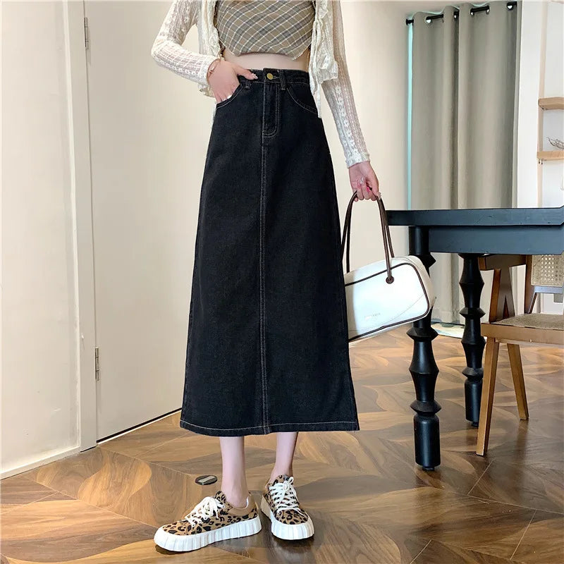 New 2022 Spring-Autumn Medium-Length Denim Skirt For Women High-Waisted Slimming Plus Size Curvy Girls A- Line Hip Covering Skir