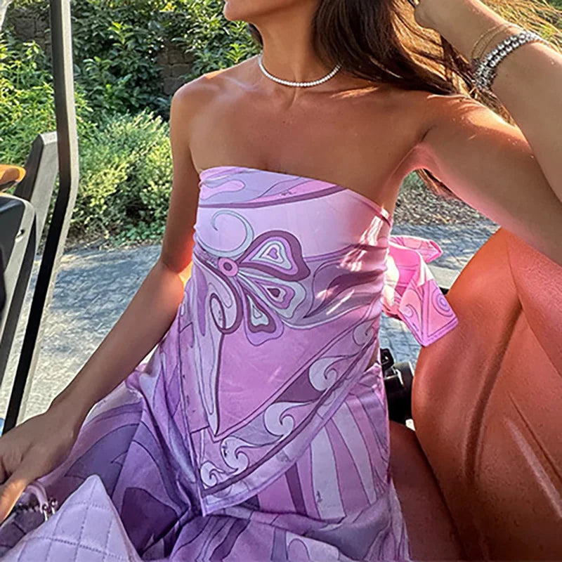 Lady Summer Chic Holiday Party Outfits Sexy Printed Strapless Top Skirts Suit Women Fashion Irregular Lace Up Pleated 2pc Sets