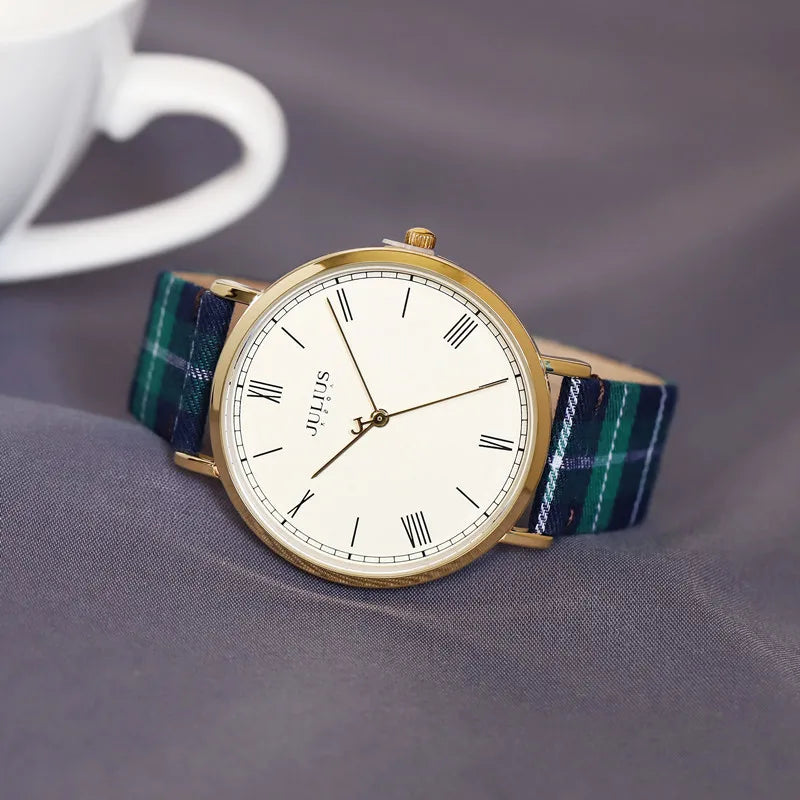 New Julius Women's Watch Fine Fashion British Plaid Style Hours Dress Bracelet Real Leather Clock Girl Birthday Gift Box