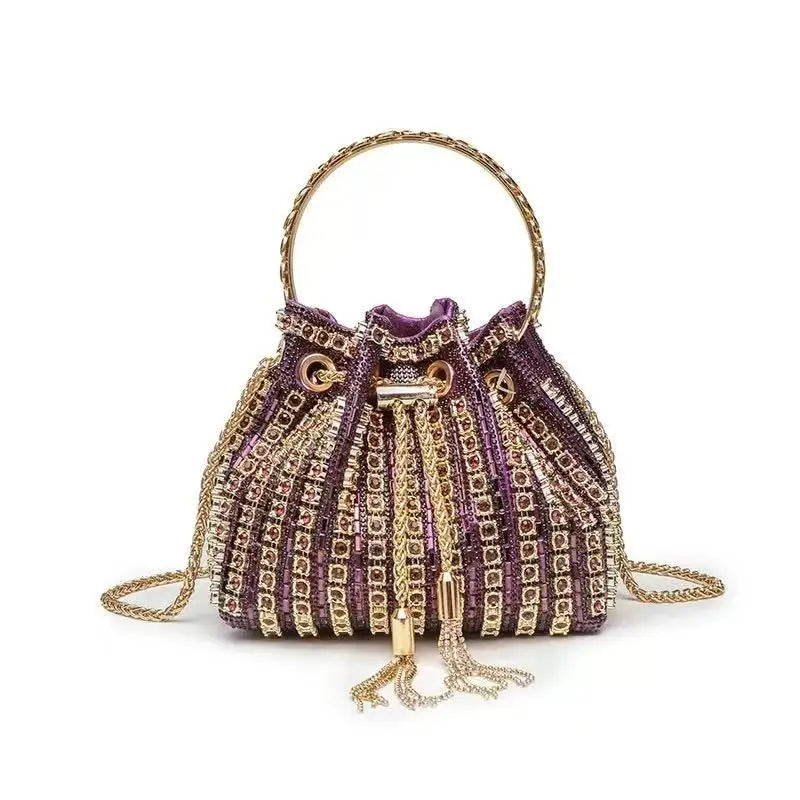 Crystal Shiny Diamonds Bucket Bag Fashion Women Handbag Metal Ring Handle Evening Bag Wedding Party Clutch Purse Crossbody Bag