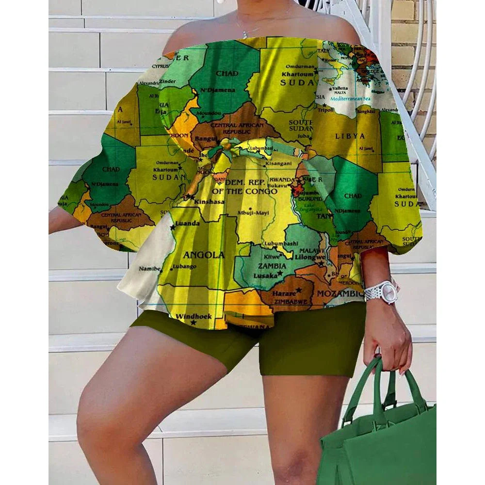 Plus Size Summer Vacation Tropical Print Off Shoulder Tops Belted Two Piece Short Set for Women