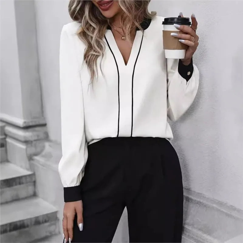New Fashion White V-neckBlouse Women Blouses Turn Down Collar Office Blouse For Women Long Sleeve Chiffon Blouse