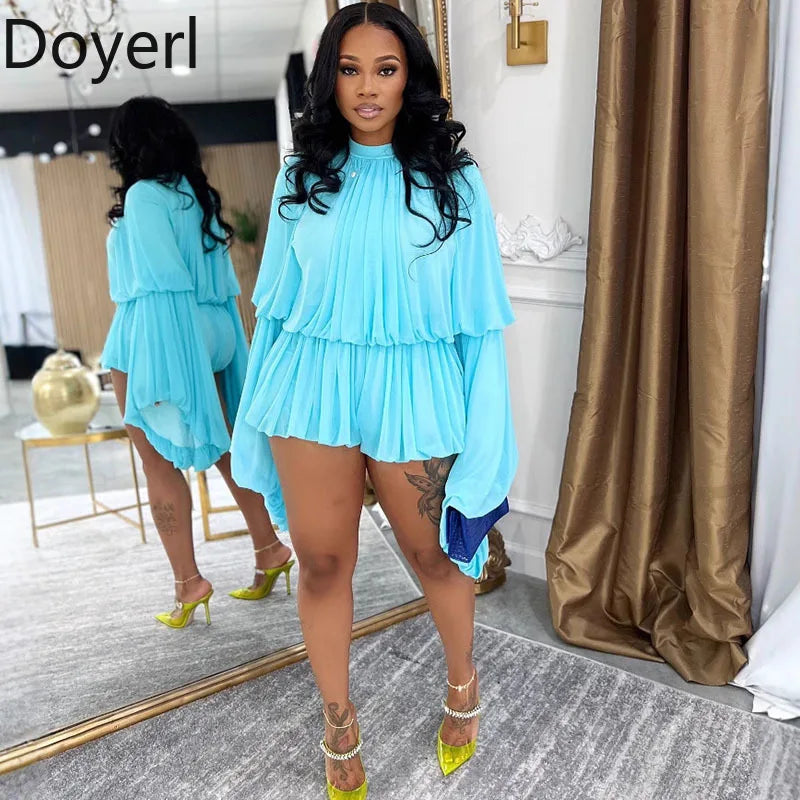 Doyerl Pleated Ruffles 2 Piece Set Woman Y2K Rave Clothing Festival Long Flare Sleeve Top and Short New in Matching Sets Outfits
