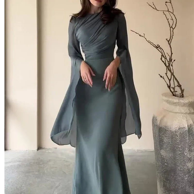 Women's Spring Solid Spliced Satin Maxi Dress Sexy O Neck Slim Bodycon Hip Long Dress Summer Batwing Sleeve Hollow Evening Dress