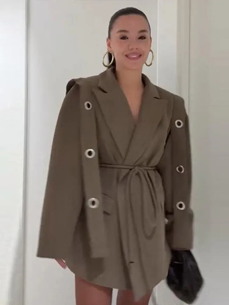 Vintage Tie Up Women 's Coats Elegant Laple Full Sleeve Pockets Hollow Out Blazer Female 2025 Autumn Winter Fashion Streetwears