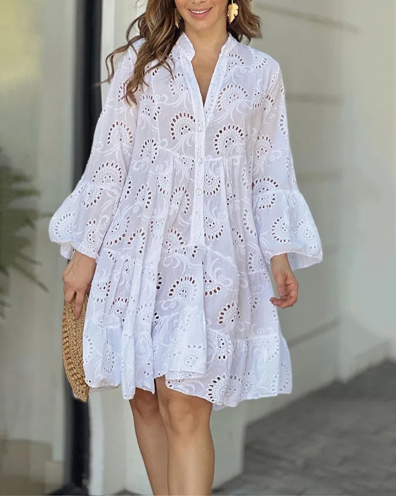 Summer Women Hollow Out Dresses Elegant Vintage Solid Lace V-neck Loose Embroidery Long Sleeve Mini Dresses