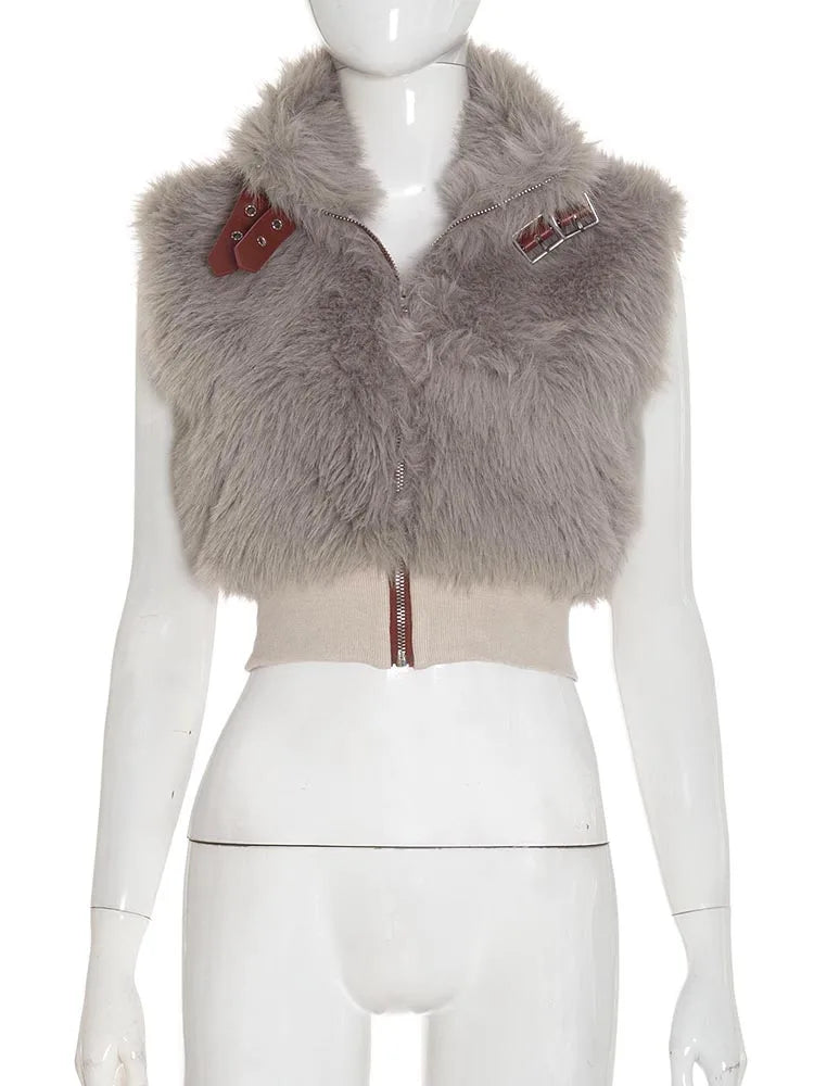 Weird Puss Sexy Furry Tank Tops Women Autumn Trend Patchwork Zip Metal Leather Buckle Slim Hottie Wild Street Clubwear Waistcoat