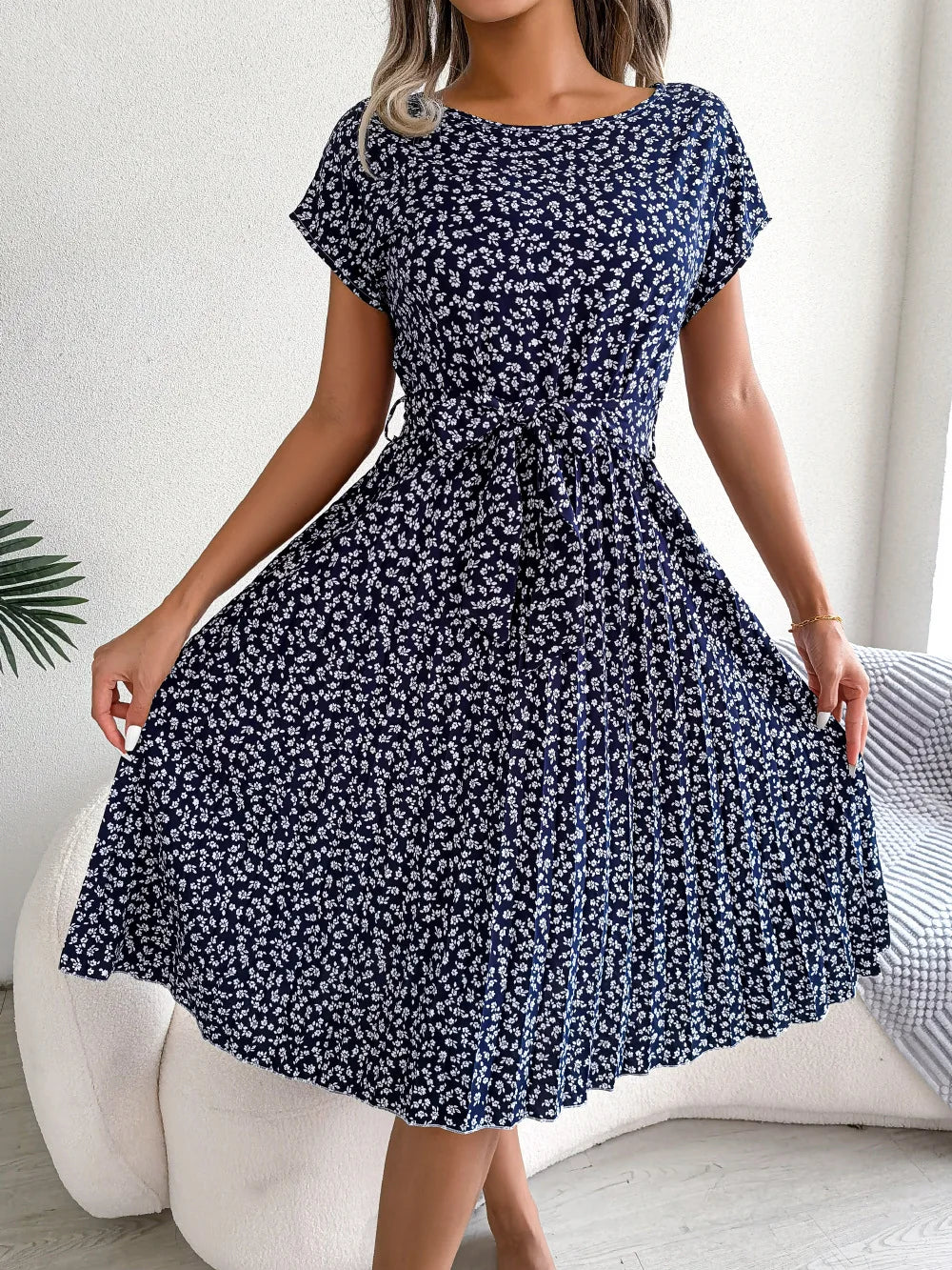 Chic Casual Pleated Short Sleeve Midi Dress for Women