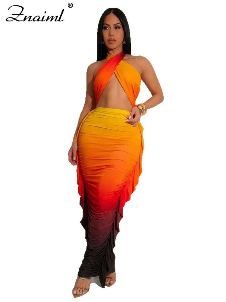 Znaiml Elegant Boho Vacation Print Dress Sets Women Puffle Pencil Skirts and Halter Crop Tops 2 Pieces Suits Summer Beach Outfit