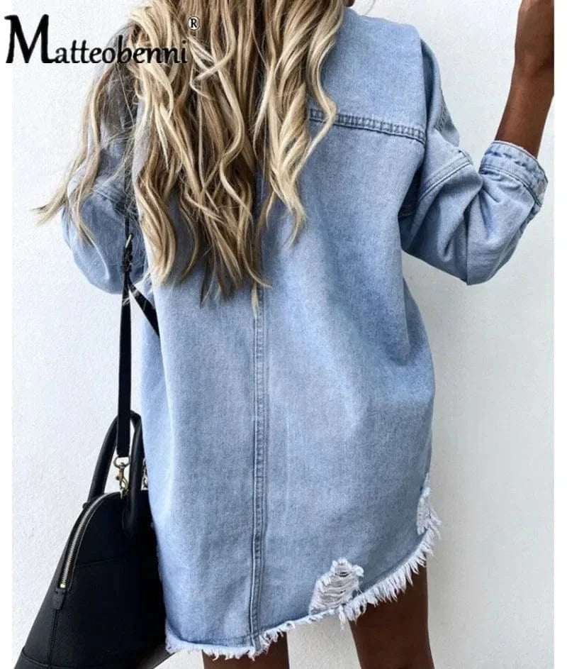 2024 Fall New Women's Long Sleeve Denim Shirt Fashion Ripped Mid-length Jeans Buttons Shirt Tops Boyfriend Loose Shirts