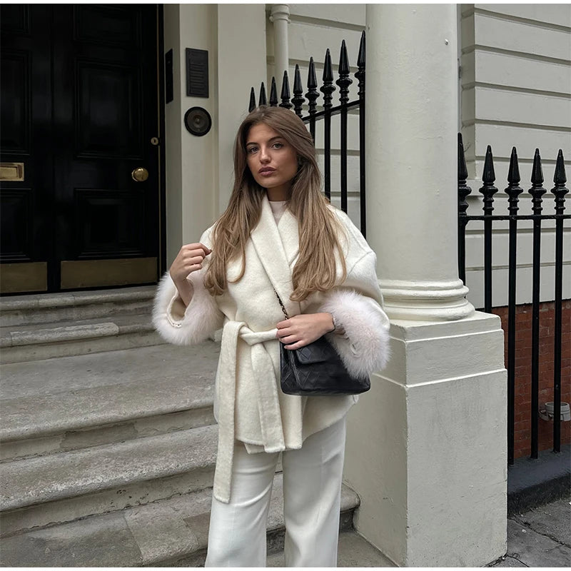 Plush Cuffs Belt Women 's Coats Elegant Lapel Faux Fur Sleeve Twist Open Coat Female 2025 Autumn Winter Fashion Lady Streetwears