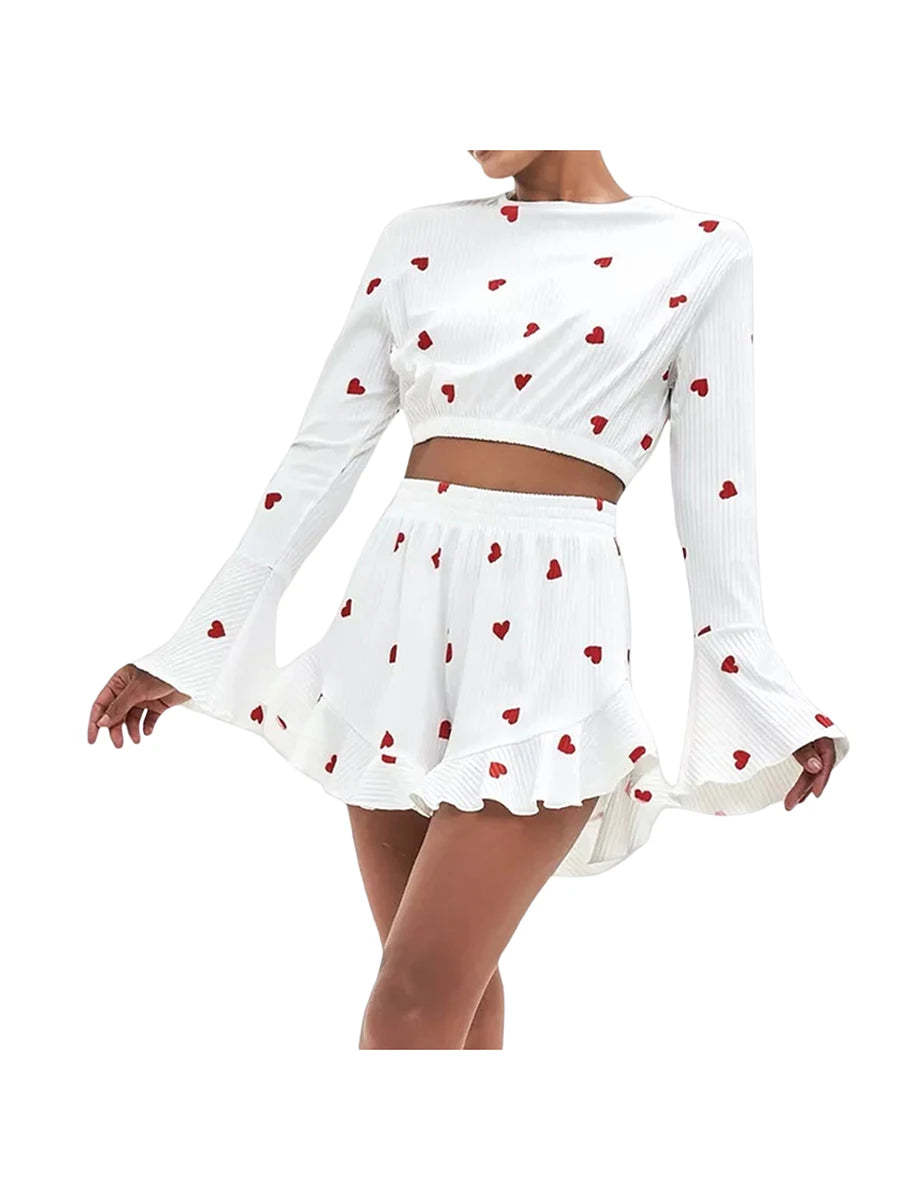 Women 2 Piece Pajamas Set Valentine's Day Heart Print Crop Long Sleeve Tops and Elastic Ruffled Shorts for Loungewear Sleepwear