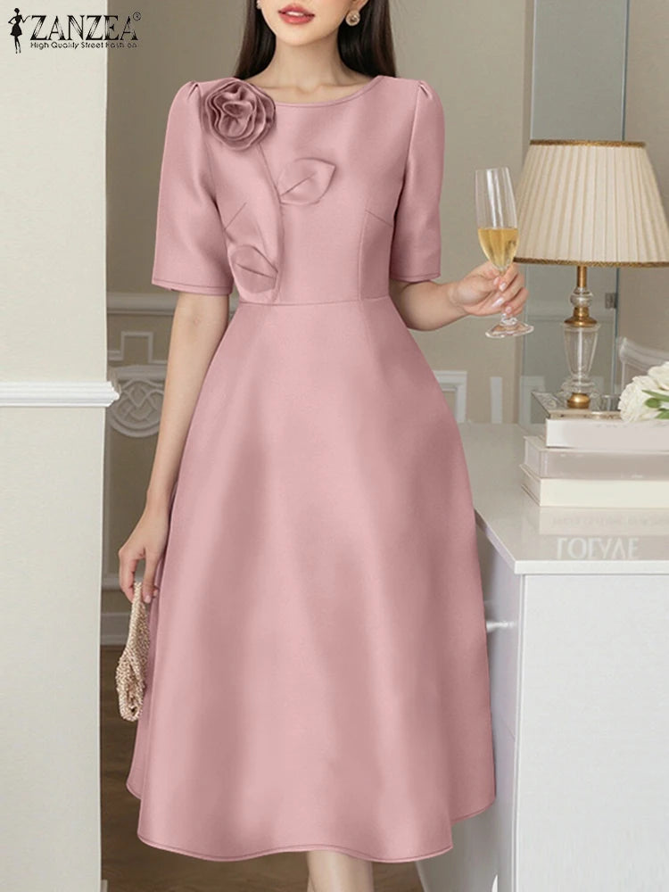 Satin Floral Applique Midi Dress