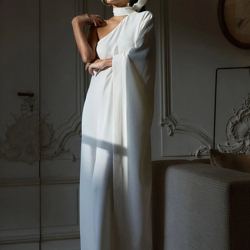 Elegant Halter One-Shoulder Loose Party Dress Lady Solid Color Temperament Banquet Maxi Dress 2023 Casual Women Fashion Vestido