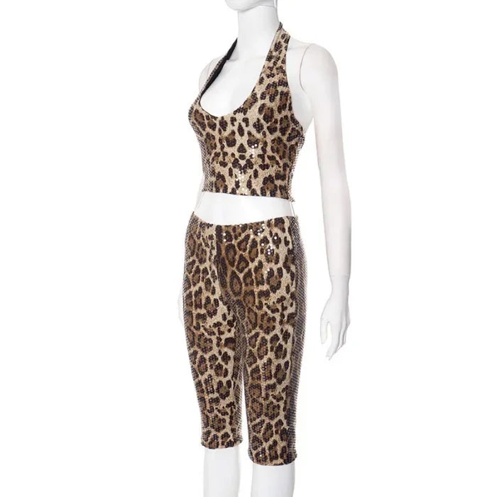 Tank Top Sets for Women Clothing Summer 2025 Sexy Neck Hanging Leopard Print Sequined Sleeveless Vest and Shorts Suit Streetwear