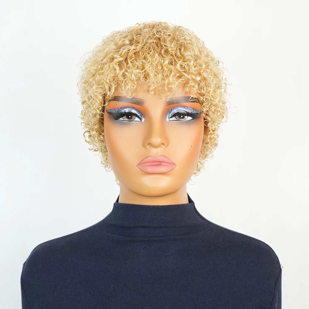 Blonde Brazilian Human Hair Wig Short Deep Wave Pixie Cut with Pre Plucked Bangs for Women Machine Made Curly 100% Human Hair