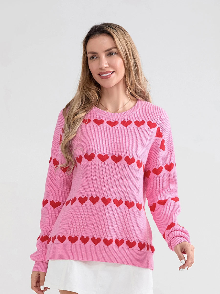 Women Valentine's Day Knit Sweater Heart Print Long Sleeve Round Neck Pullovers Fall Winter Casual Loose Knitted Jumpers Tops