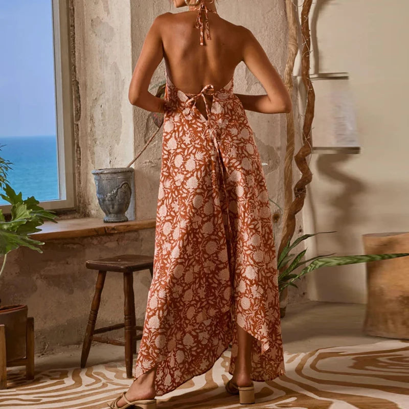 Fashion Hollow Out Backless Party Dress Bohemian Sleeveless Suspender Sexy Dress Vintage Floral Print Halter Women's Long Dress