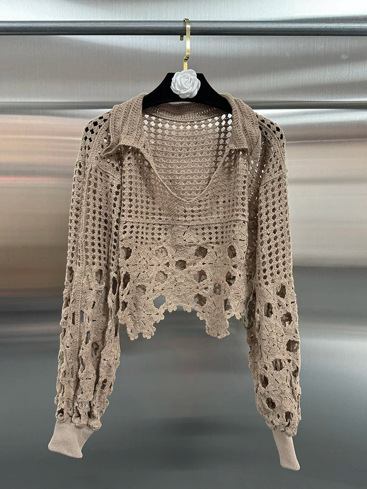 VGH Hollow Out Solid Sheer Short Shirts For Women Lapel Lantern Sleeve Minimalist Casual Loose Pullover Blouses Female Fashion