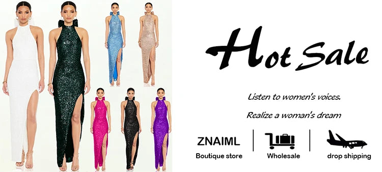 Znaiml Elegant Luxury Sequin Halter Big Bow Backless Long Dresses Women Sleeveless High Split Birthday Evening Wedding Vestidos