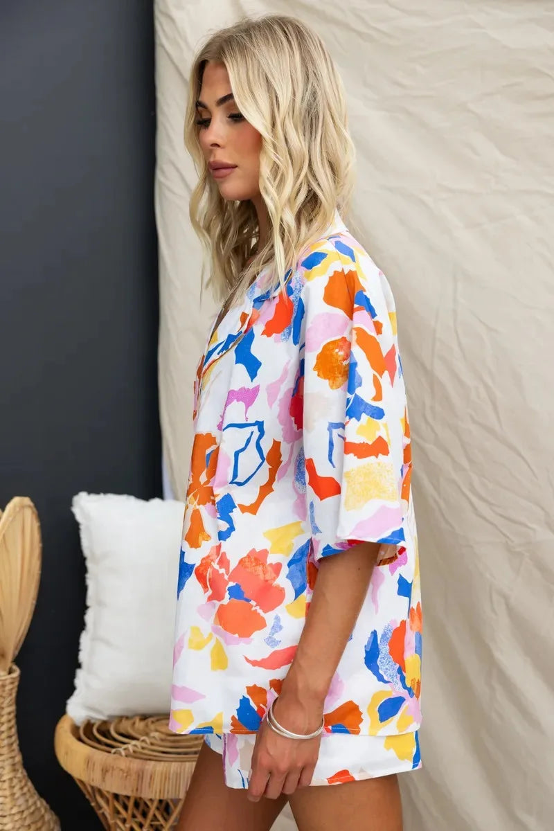 Summer Women Retro Print Short Sleeve 2PCS Loose Suits Casual V-Neck Shirt Top Elastic Waist Short Pants Sets Beachwear