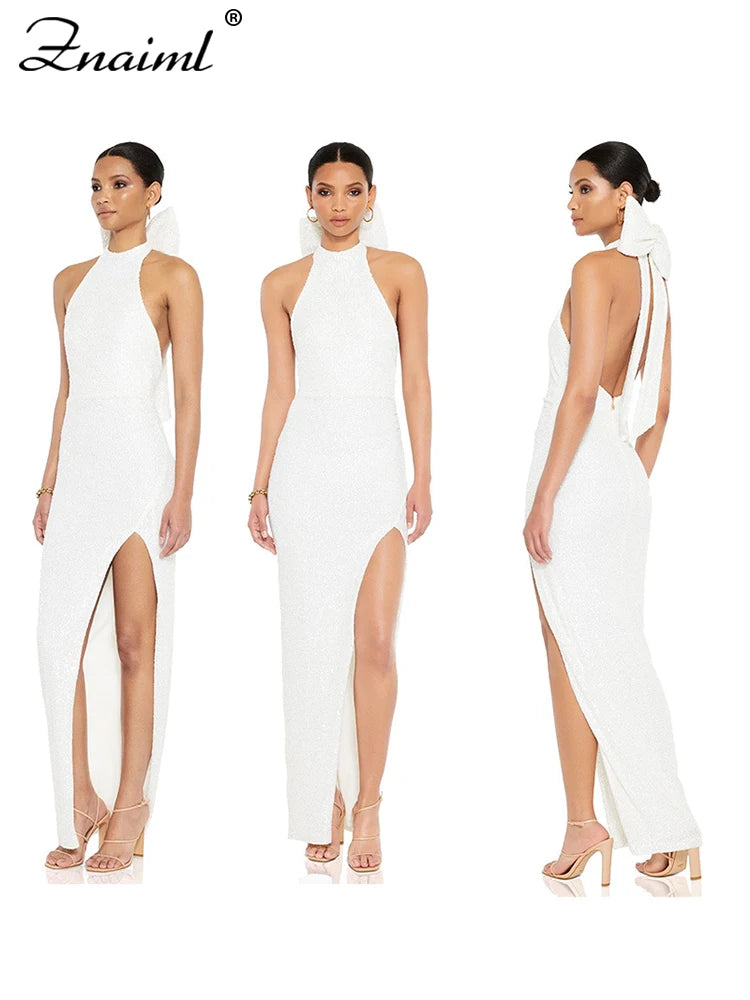 Znaiml Elegant Luxury Sequin Halter Big Bow Backless Long Dresses Women Sleeveless High Split Birthday Evening Wedding Vestidos