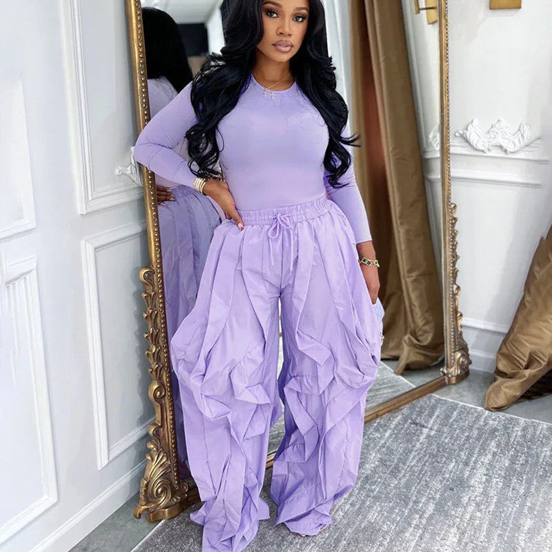 Casual With Long-Sleeve Top And Wave Details Two-Piece Sweat Set for Women