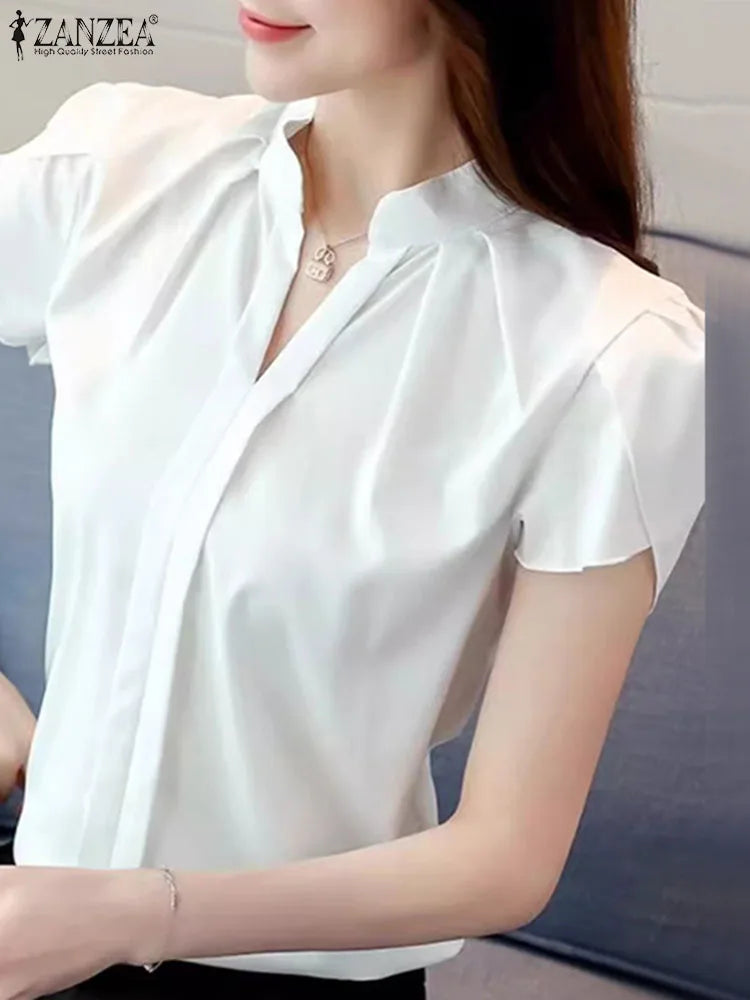 ZANZEA Formal Office V-neck Blusas Women Chiffon Blouses Elegant Ruffles Short Sleeve Tops 2024 Summer Solid Pleating Shirts