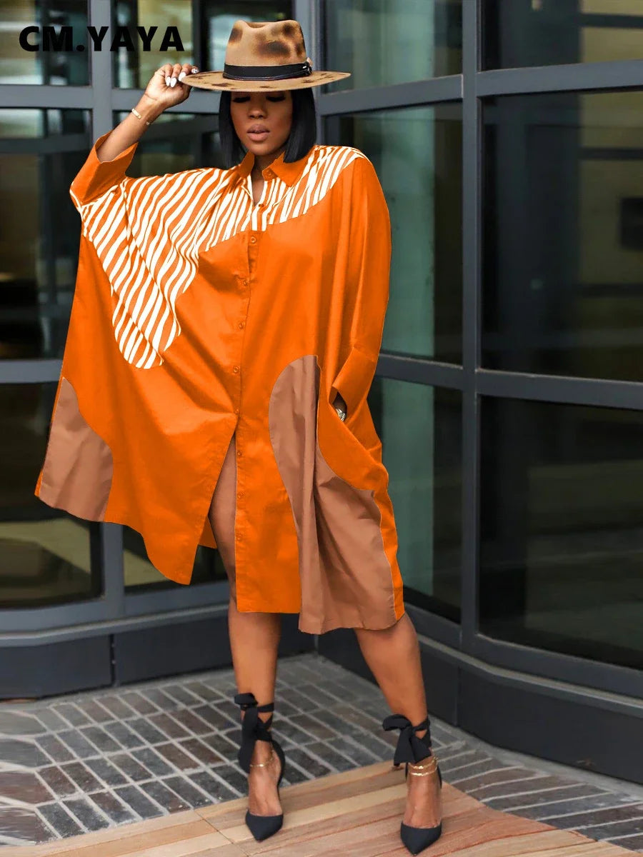 CM.YAYA Elegant Patchwork Women Long Sleeve Single Breasted Loose Shirt Dress Street Fashion Slim Striped Smock INS Dresses