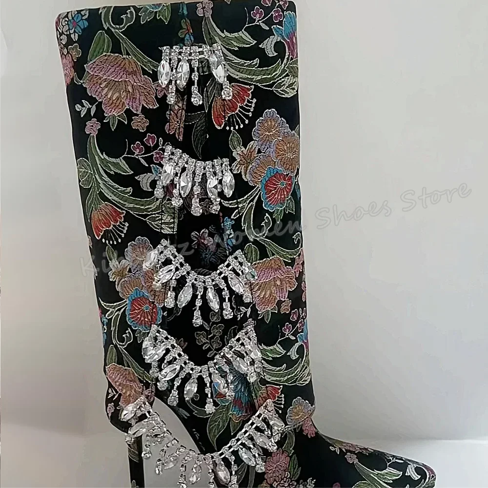 Embroidery Crystal Knee High Boots Glossy Fashion Elegant Luxury Novelty Concise Slip-On Pointed Toe Thin Heels Women Shoes New